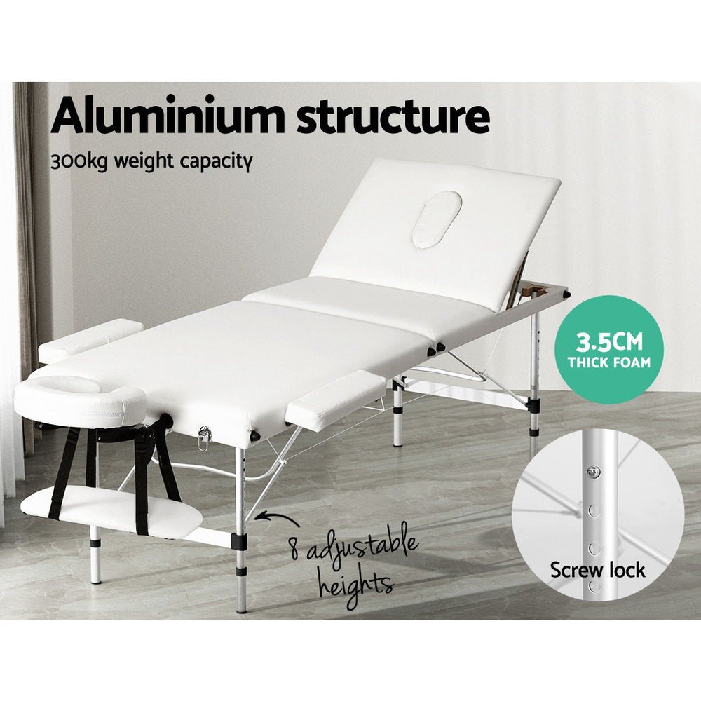 Zenses Massage Table 65cm Portable 3 Fold Aluminium Beauty Bed White-3