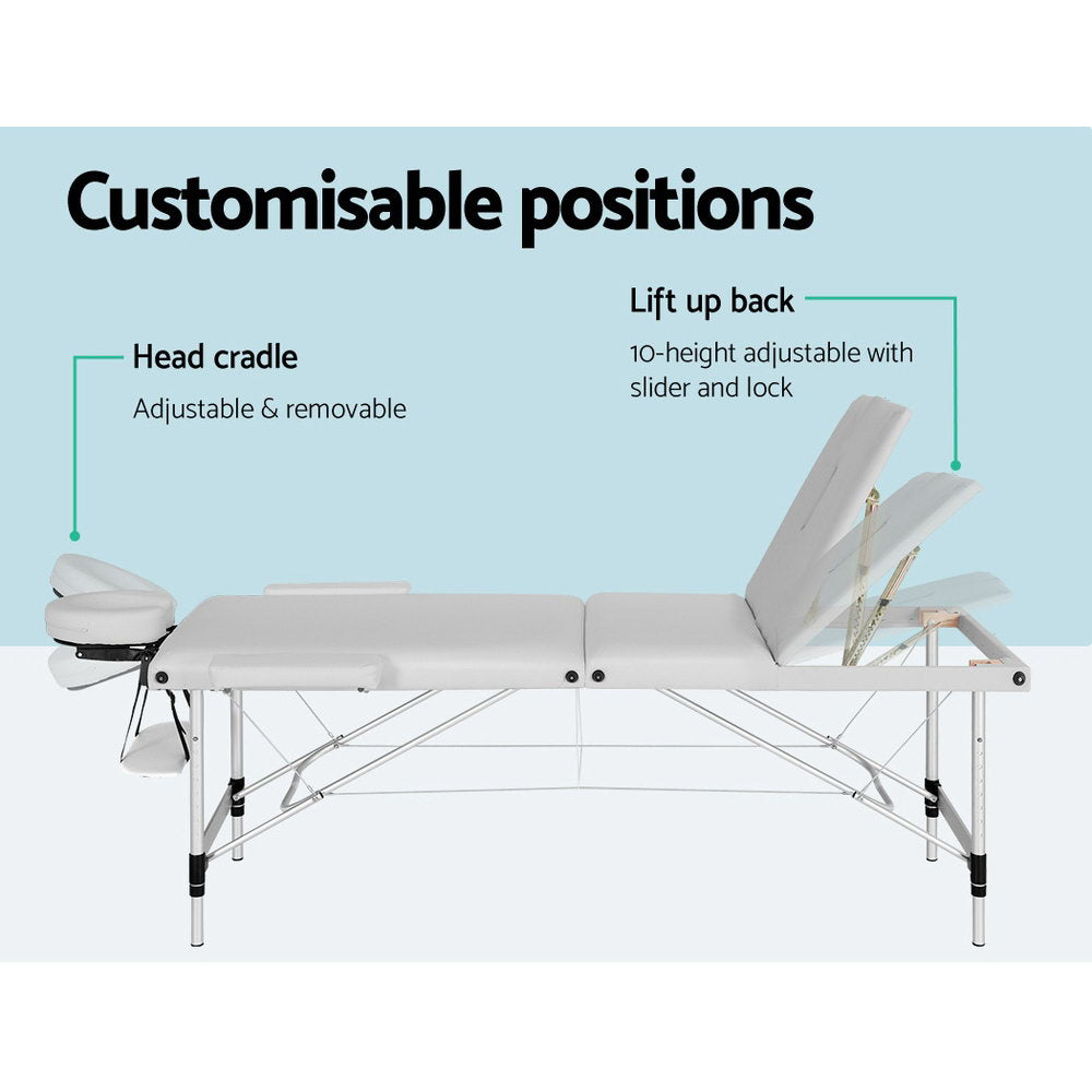 Zenses Massage Table 65cm Portable 3 Fold Aluminium Beauty Bed White-4