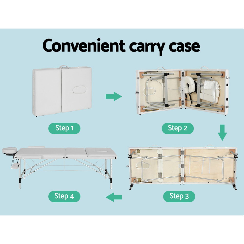 Zenses Massage Table 65cm Portable 3 Fold Aluminium Beauty Bed White-5