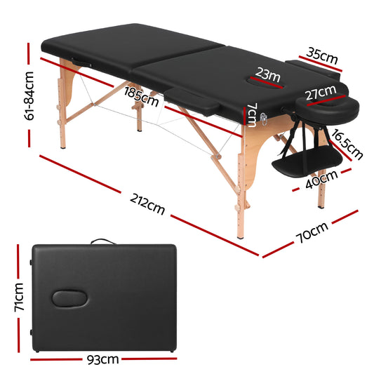 Zenses Massage Table 70cm Portable 2 Fold Wooden Beauty Waxing Therapy Bed Black