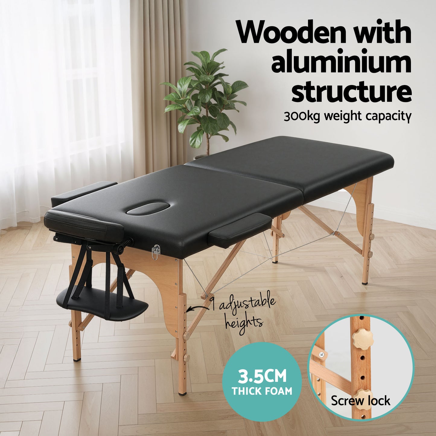Zenses Massage Table 70cm Portable 2 Fold Wooden Beauty Waxing Therapy Bed Black