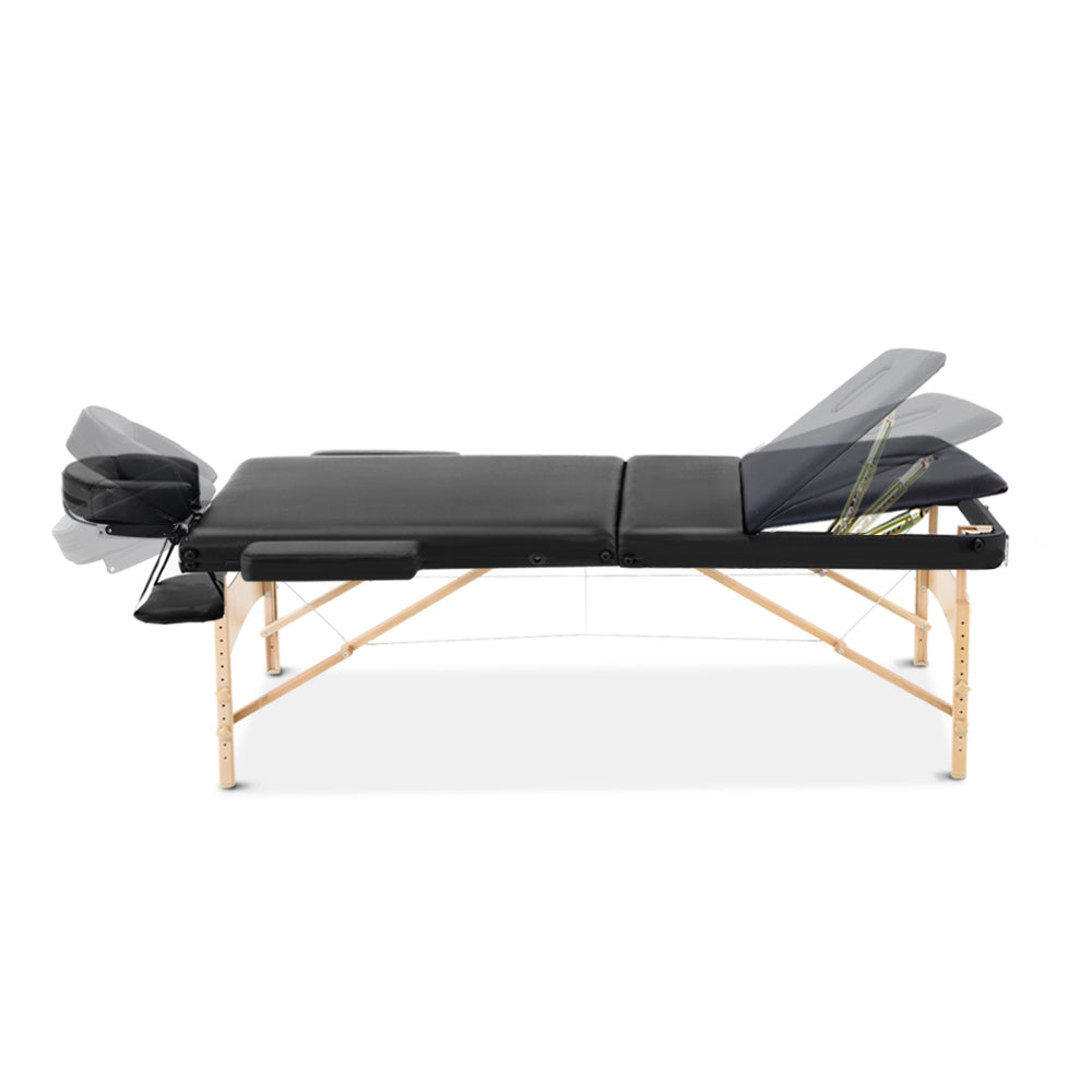 Zenses Massage Table 70cm Portable 3 Fold Wooden Beauty Bed Black-2