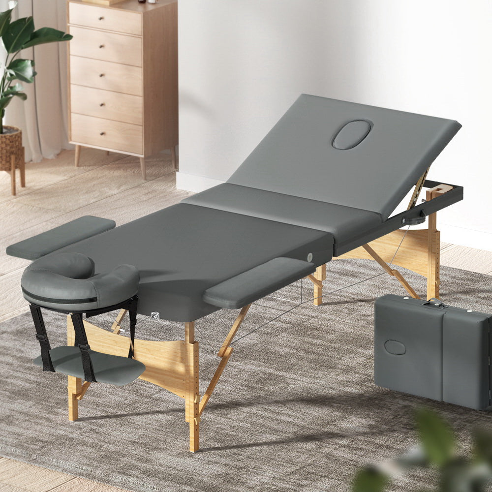 Zenses Massage Table 75cm Portable 3 Fold Wooden Beauty Bed Grey-7