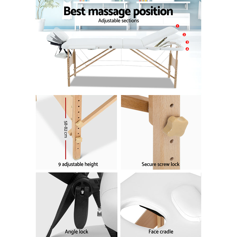 Zenses Massage Table 70cm Portable 3 Fold Wooden Beauty Bed White-4