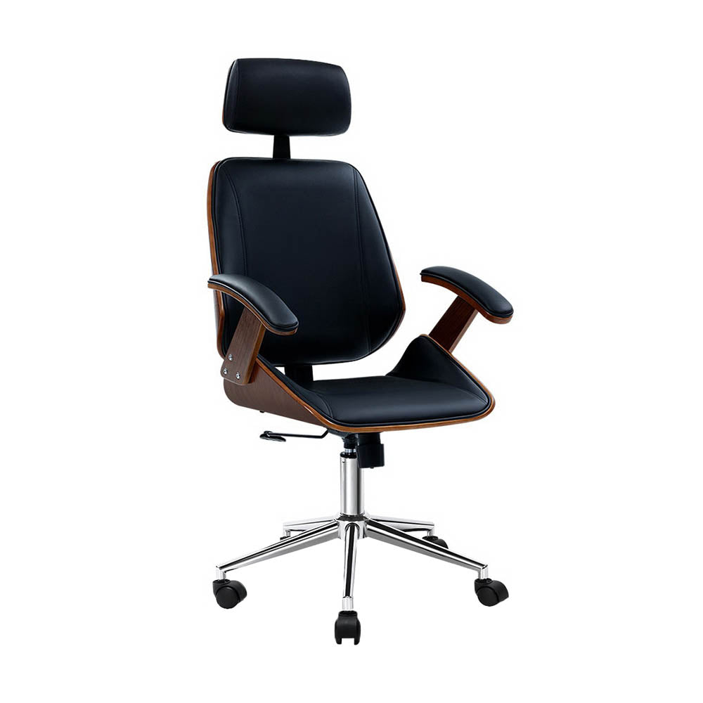 Artiss Wooden Office Chair Leather Seat Black-0