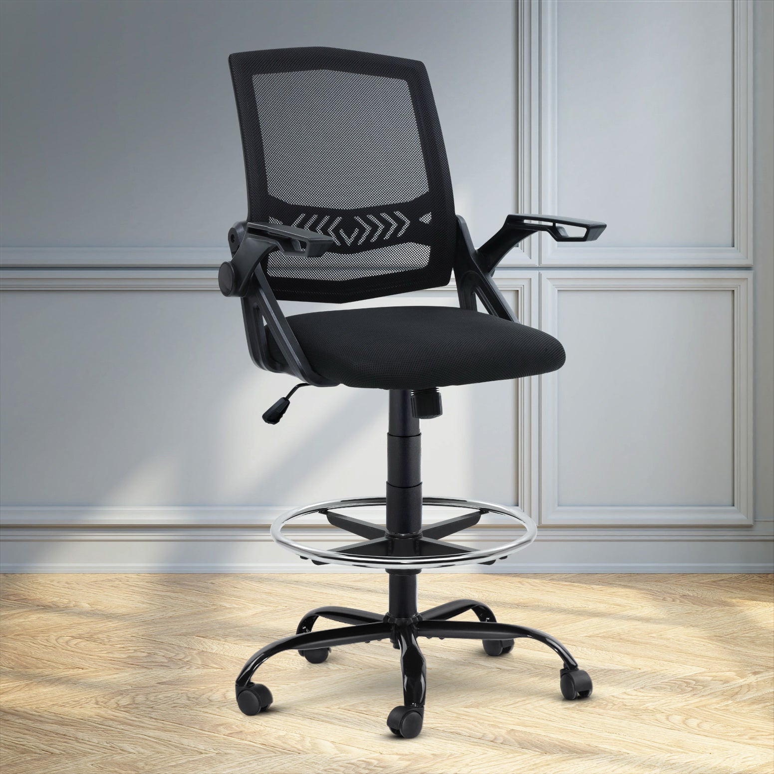 Artiss Office Chair Drafting Stool Mesh Chairs Black-7