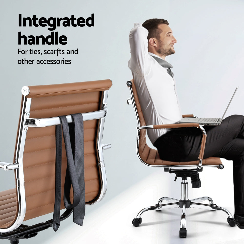 Artiss Office Chair Conference Chairs PU Leather Mid Back Brown-4