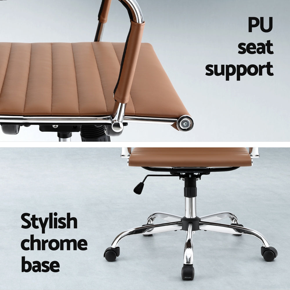 Artiss Office Chair Conference Chairs PU Leather Mid Back Brown-5