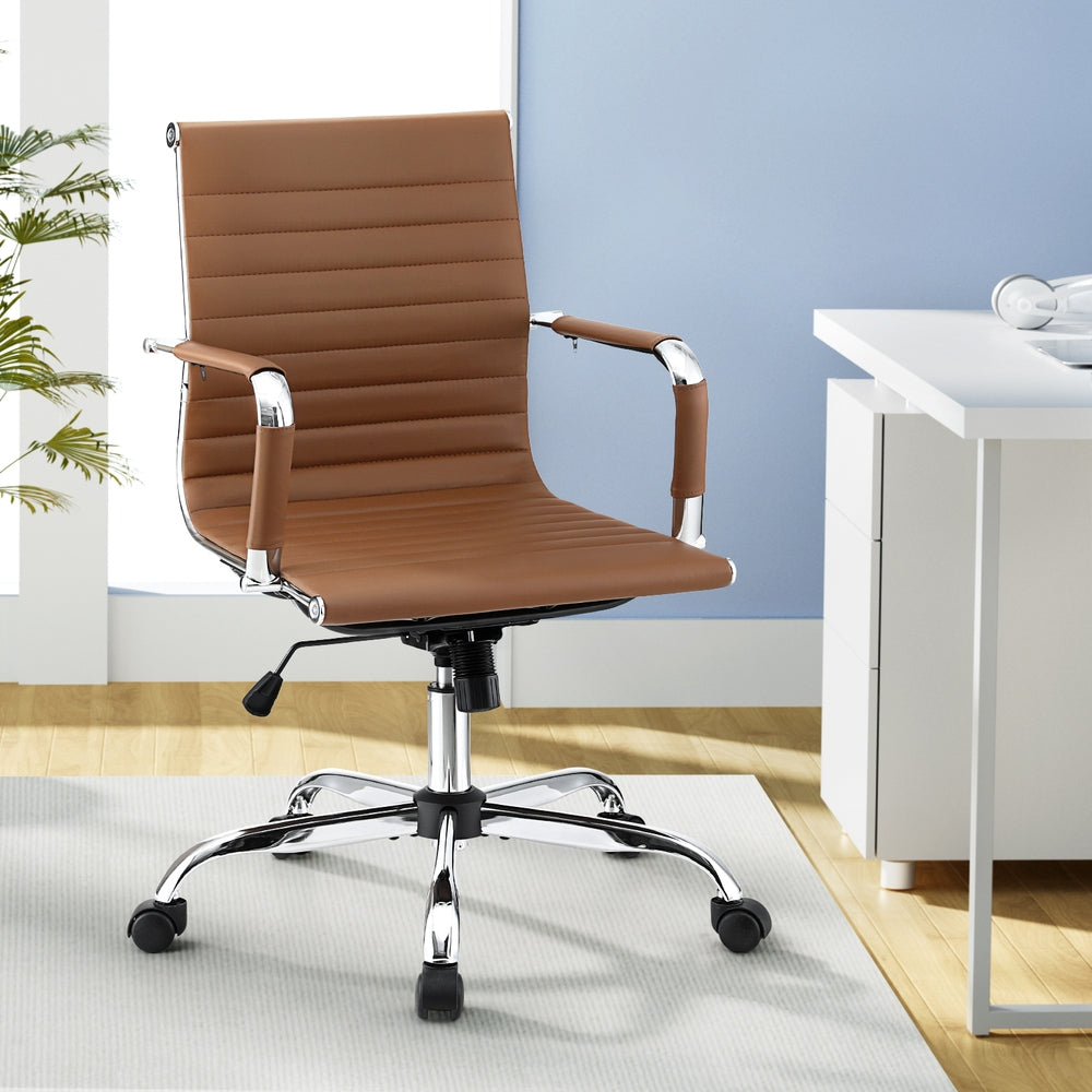 Artiss Office Chair Conference Chairs PU Leather Mid Back Brown-0