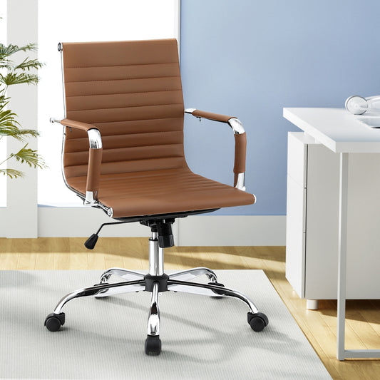 Artiss Office Chair Conference Chairs PU Leather Mid Back Brown-0