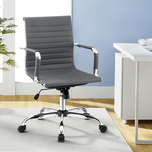 Artiss Office Chair Conference Chairs PU Leather Mid Back Grey-0