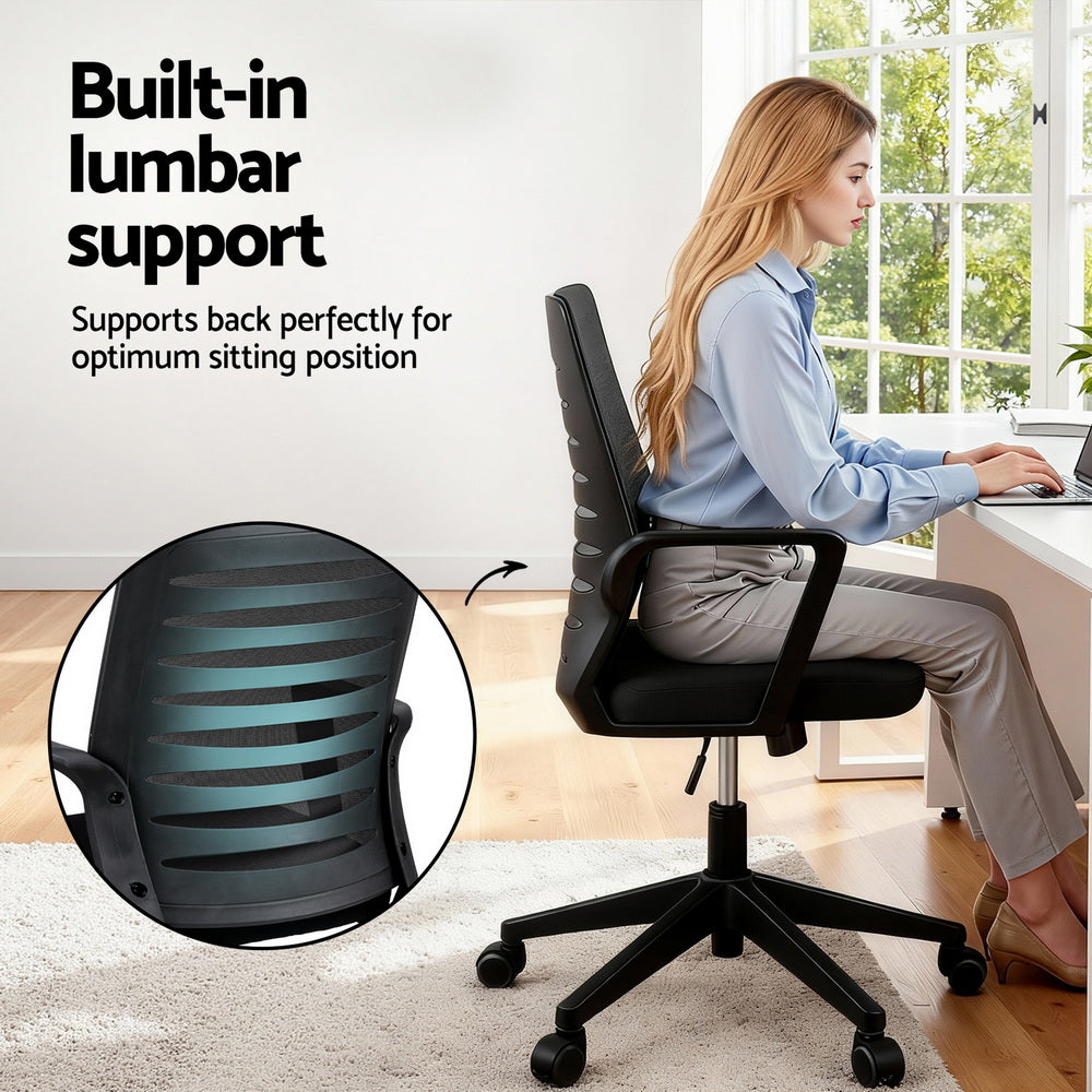 Artiss Ergonomic Office Chair Mesh Computer Desk Chairs with Lumbar Support, Height Adjustment Swivel Chair Mid Back for Home Office Study, Black-4