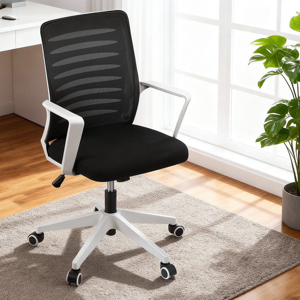 Artiss Ergonomic Office Chair Mesh Computer Desk Chairs with Lumbar Support, Height Adjustment Swivel Chair Mid Back for Home Office Study, Black and White-6