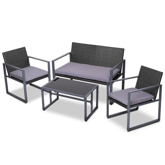 Gardeon 4 PCS Outdoor Sofa Set Rattan Furniture Glass Top Table Chairs Black-0