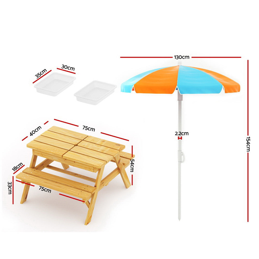 Keezi Kids Outdoor Table and Chairs Picnic Bench Umbrella Set Water Sand Pit Box-1