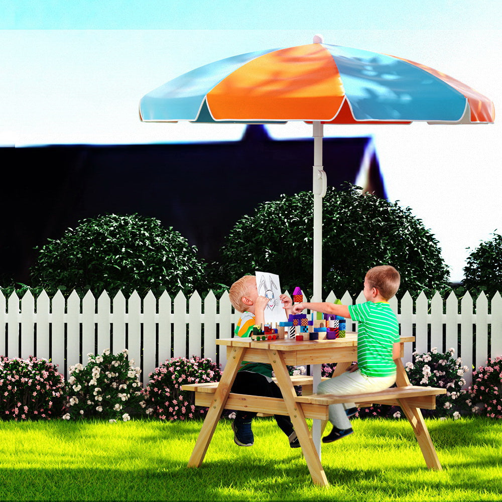 Keezi Kids Outdoor Table and Chairs Picnic Bench Umbrella Set Water Sand Pit Box-7