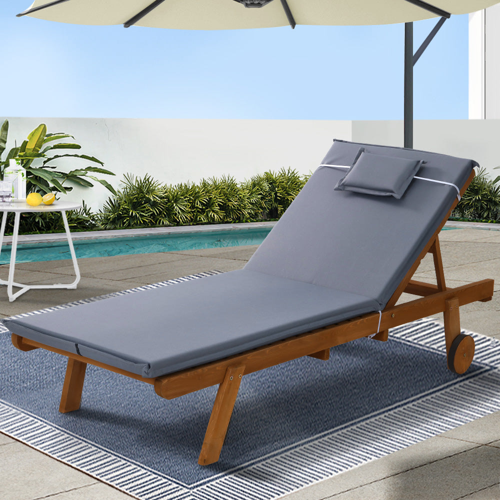 Gardeon Sun Lounge Wooden Lounger Outdoor Furniture Day Bed Wheels Patio Grey-7