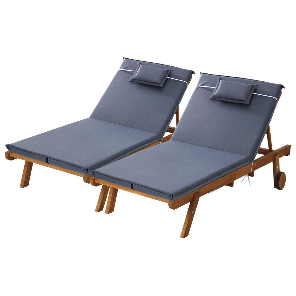 Gardeon 2x Sun Lounge Wooden Lounger Outdoor Furniture Day Bed Wheel Patio Grey-0