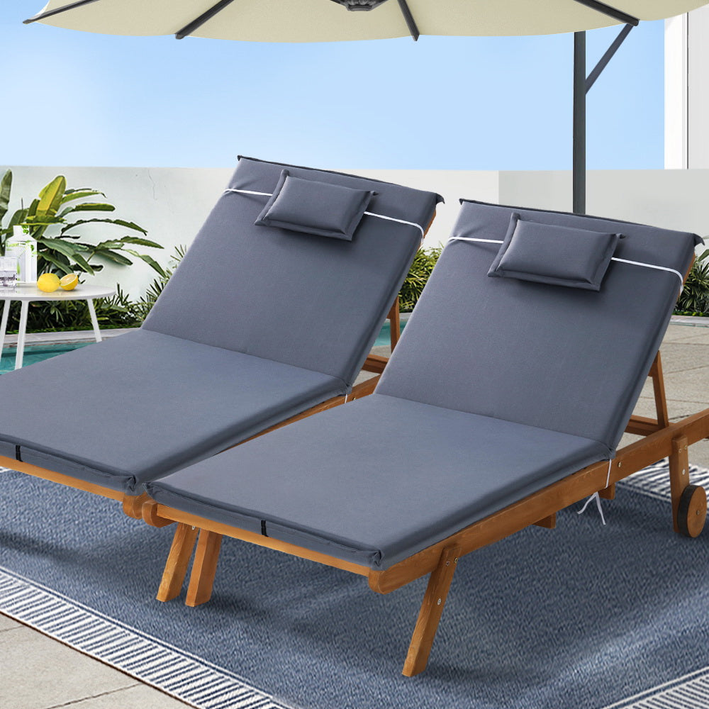 Gardeon 2x Sun Lounge Wooden Lounger Outdoor Furniture Day Bed Wheel Patio Grey-7