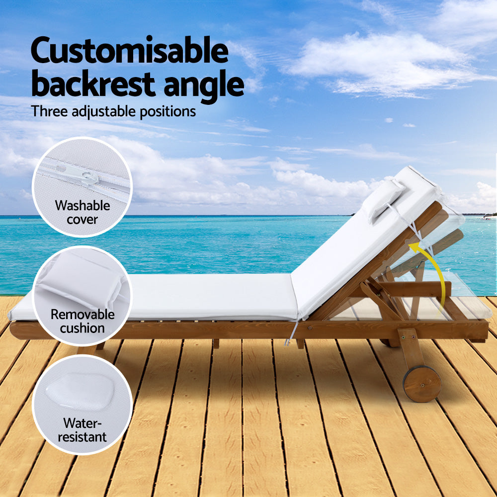 Gardeon Sun Lounge Wooden Lounger Outdoor Furniture Day Bed Wheels Patio White-5