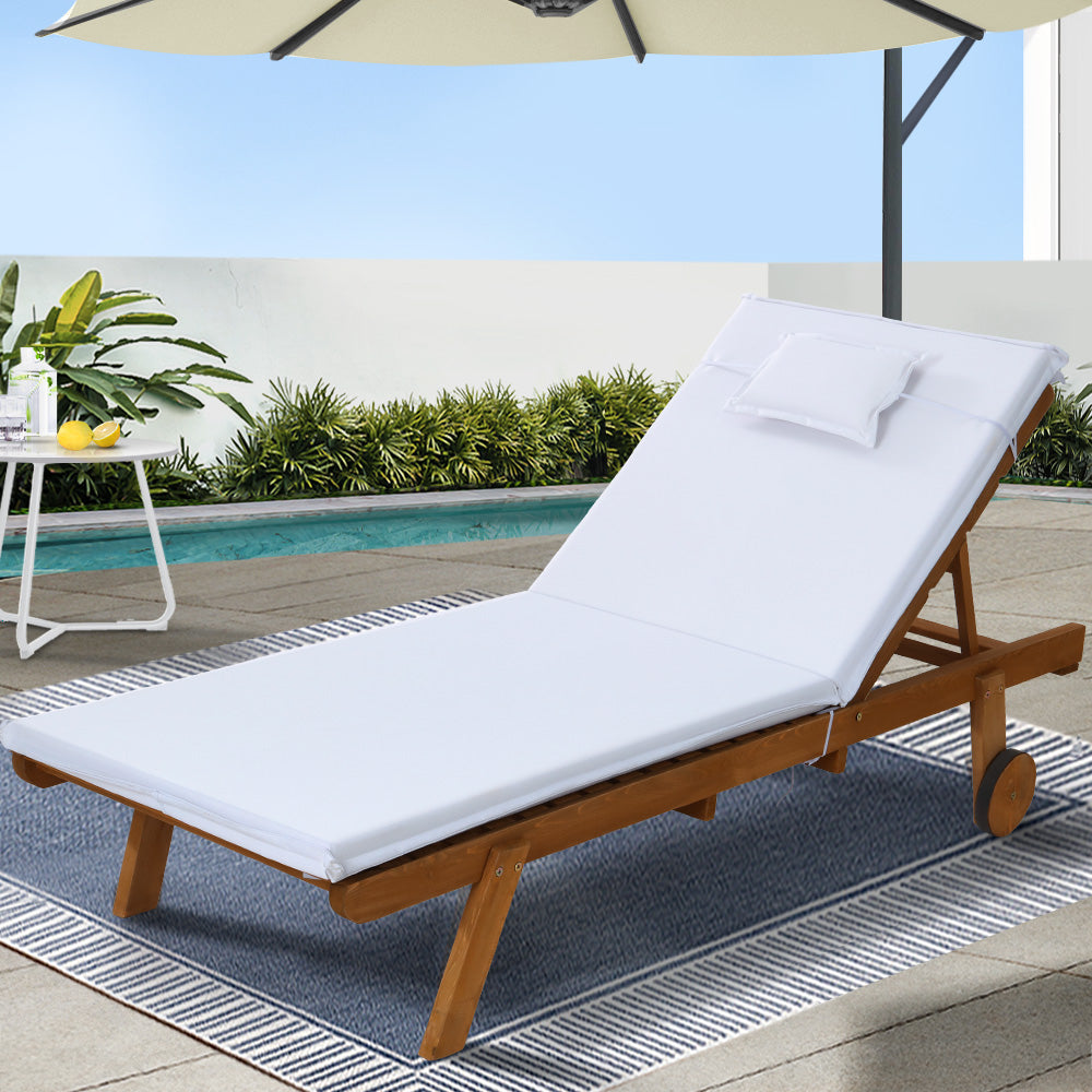 Gardeon Sun Lounge Wooden Lounger Outdoor Furniture Day Bed Wheels Patio White-7