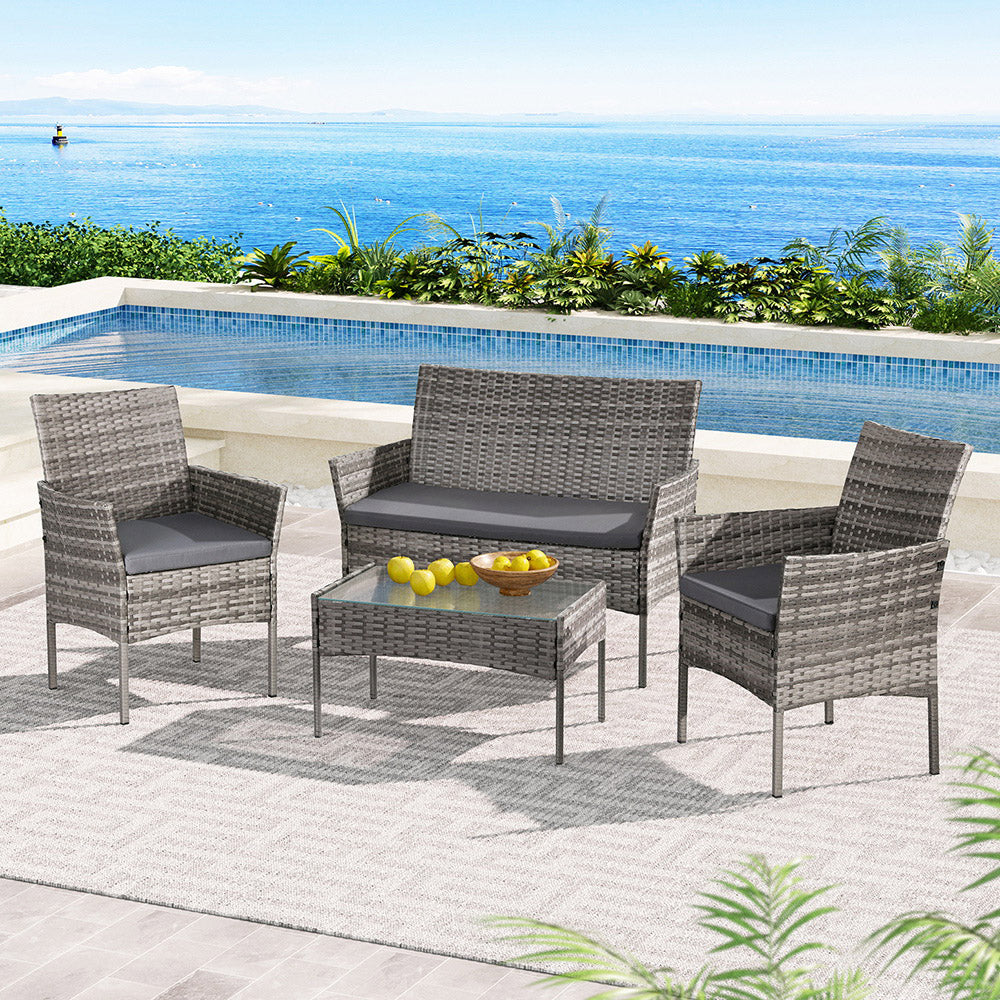 Gardeon 4 Seater Outdoor Sofa Set Wicker Setting Table Chair Furniture Grey-6