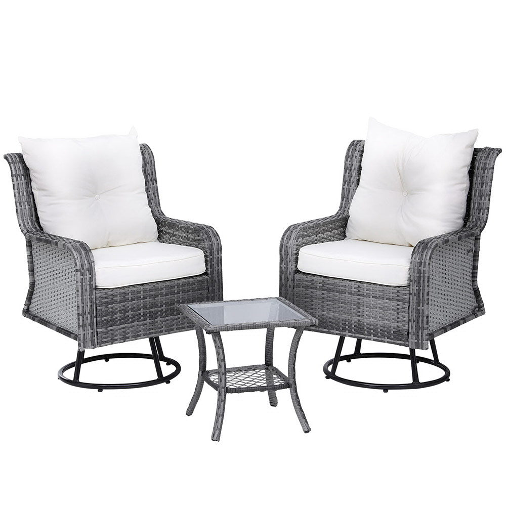 Gardeon 3PC Outdoor Furniture Bistro Set Lounge Wicker Swivel Chairs Table Cushion Grey-0