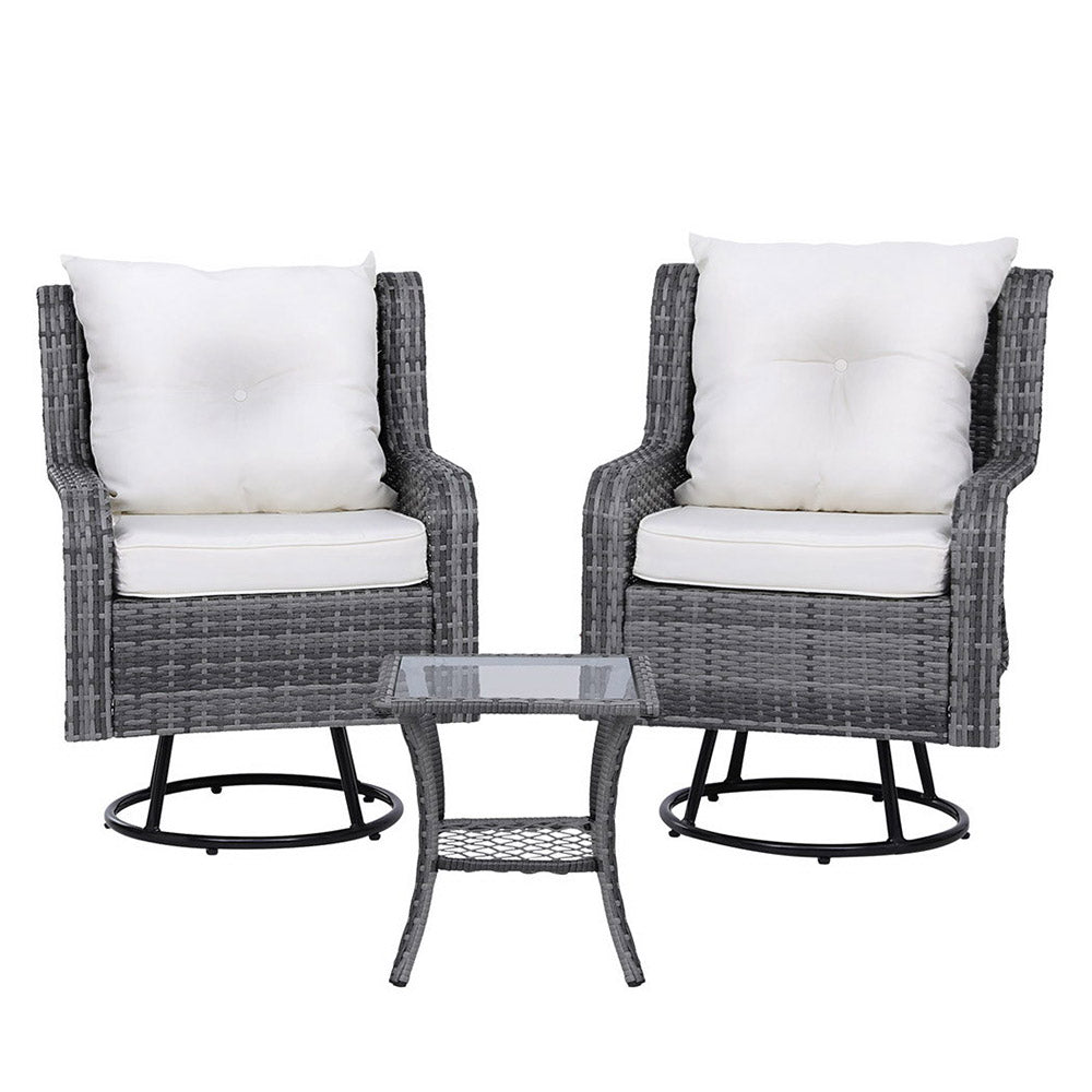 Gardeon 3PC Outdoor Furniture Bistro Set Lounge Wicker Swivel Chairs Table Cushion Grey-1