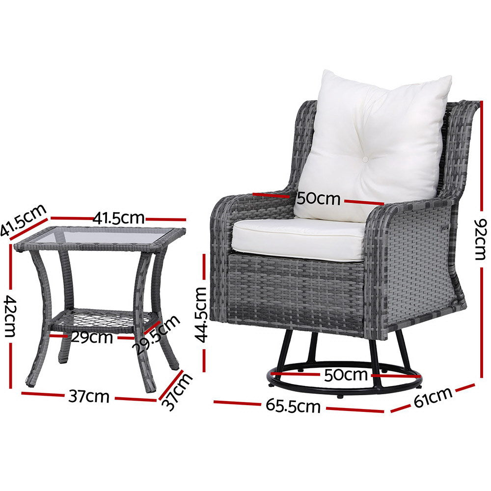 Gardeon 3PC Outdoor Furniture Bistro Set Lounge Wicker Swivel Chairs Table Cushion Grey-2