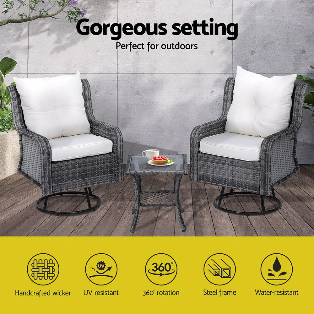 Gardeon 3PC Outdoor Furniture Bistro Set Lounge Wicker Swivel Chairs Table Cushion Grey-3