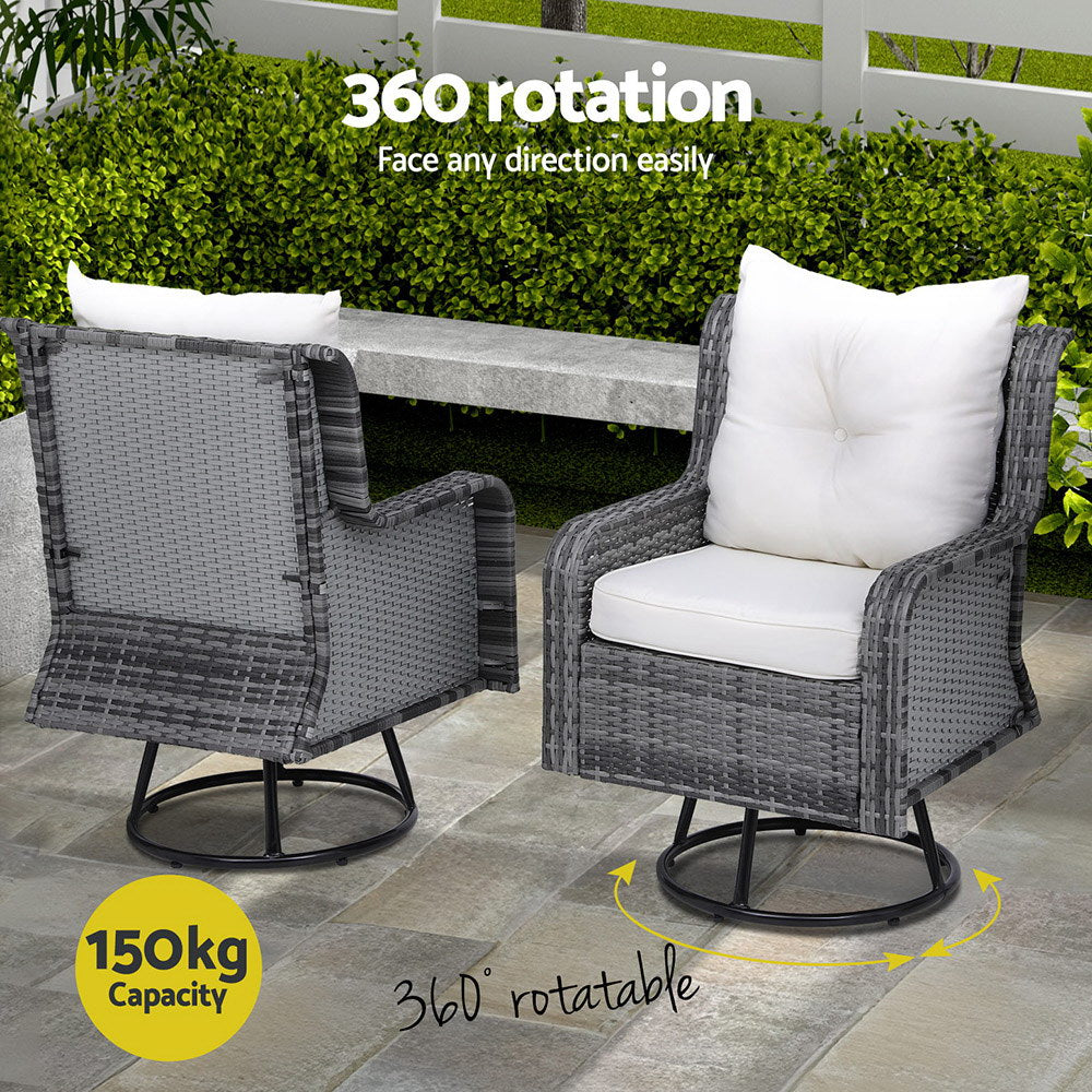 Gardeon 3PC Outdoor Furniture Bistro Set Lounge Wicker Swivel Chairs Table Cushion Grey-4