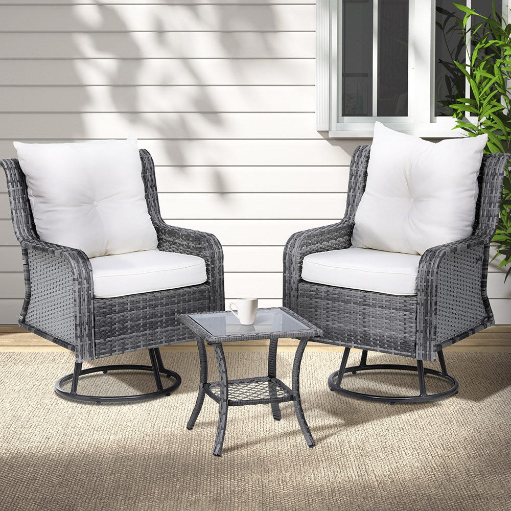 Gardeon 3PC Outdoor Furniture Bistro Set Lounge Wicker Swivel Chairs Table Cushion Grey-6