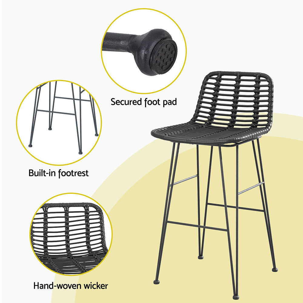 Gardeon 2 Piece Outdoor Bar Stools Wicker Dining Rattan Chair Black-4