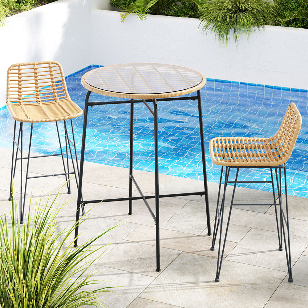 Gardeon 3-Piece Outdoor Bar Set Wicker Table Chairs Patio Bistro-6