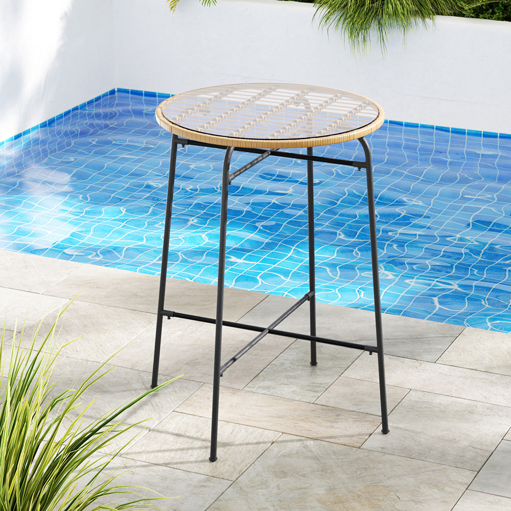 Gardeon Outdoor Bar Table Wicker Dining Bistro Patio Balcony Glass Table Steel-7