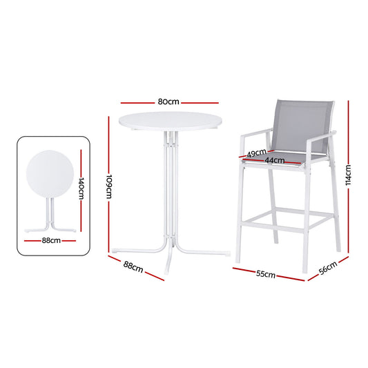 Gardeon 3PC Outdoor Bar Set Stools Dining Chairs Table Patio Furniture Bistro Set Steel White