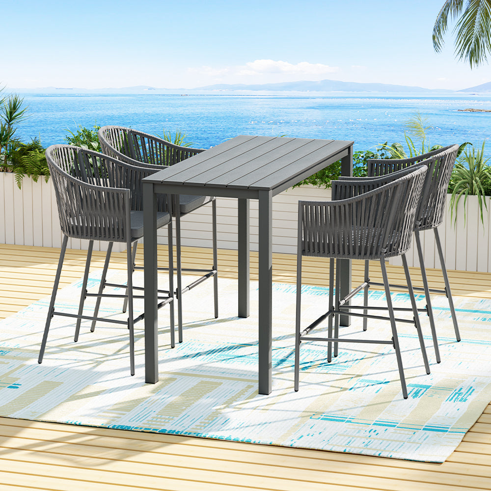 Gardeon 5-Piece Outdoor Bar Set Dining Table Rope Chair Patio Bistro Set-6