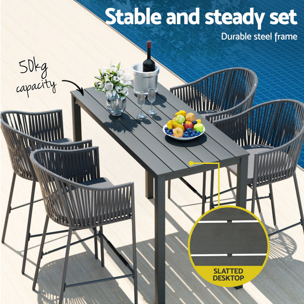 Gardeon 5-Piece Outdoor Bar Set Dining Table Rope Chair Patio Bistro Set-4