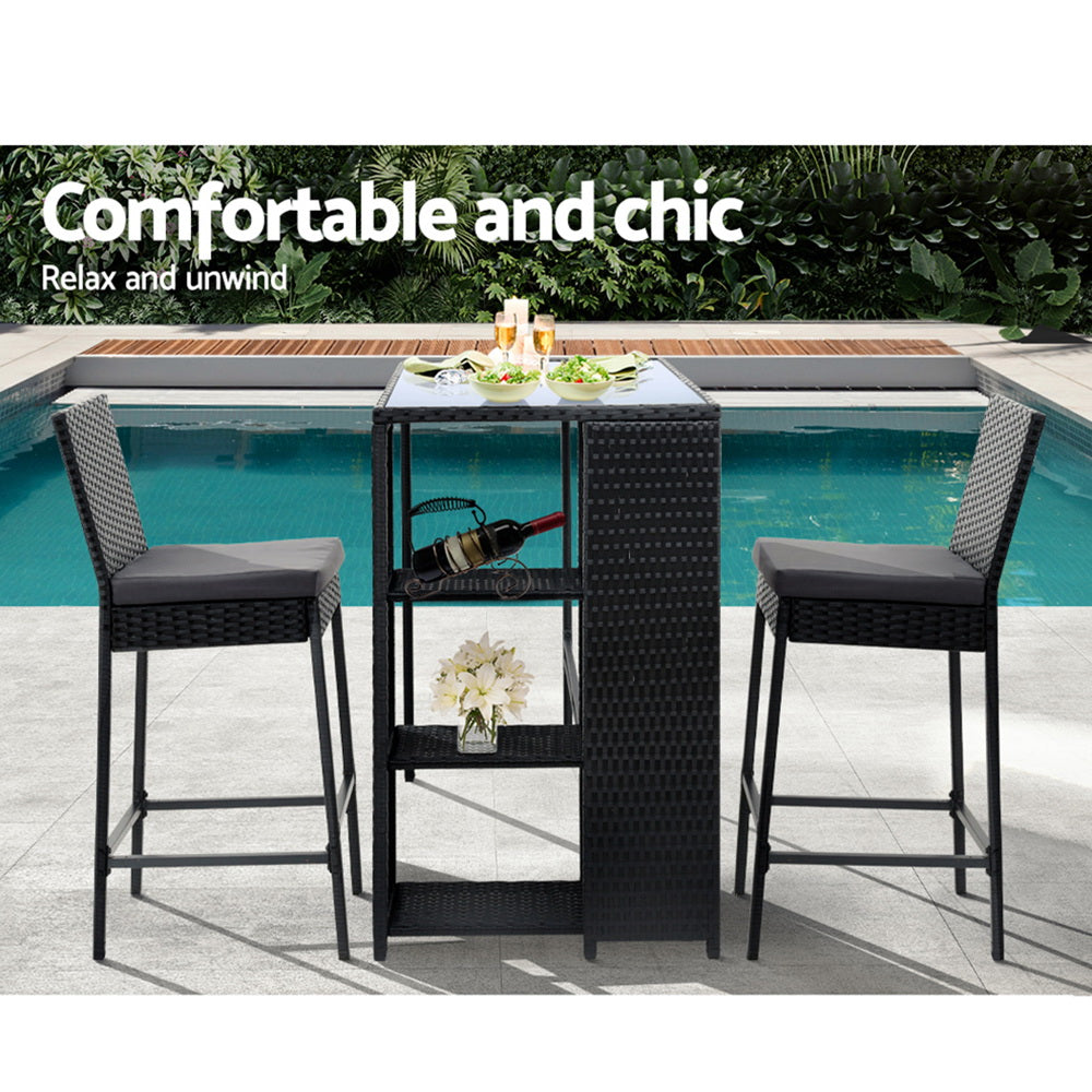 Gardeon 3-Piece Outdoor Bar Set Patio Dining Chairs Wicker Table Stools-4