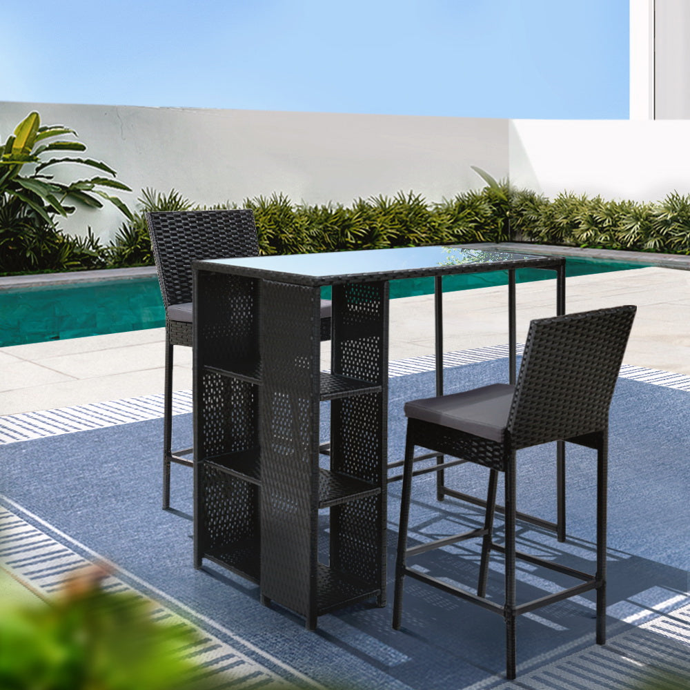 Gardeon 3-Piece Outdoor Bar Set Patio Dining Chairs Wicker Table Stools-7