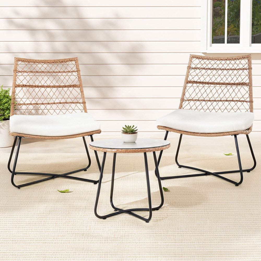 Gardeon 3PC Outdoor Setting Wicker Bistro Set Table Chairs Patio Furniture Brown-6