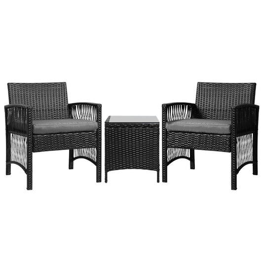 Gardeon 3PC Outdoor Bistro Set Patio Furniture Wicker Dining Chairs Table Cushion Black-0