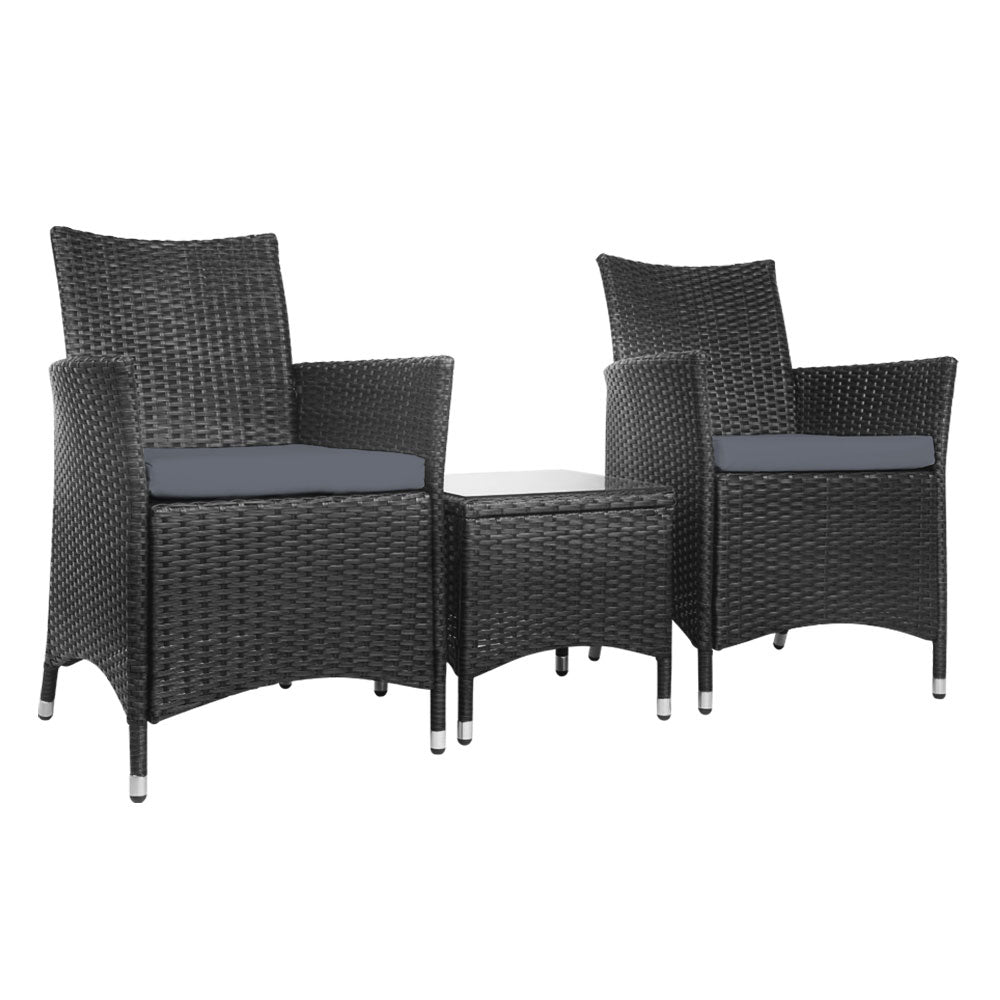 Gardeon 3PC Outdoor Bistro Set Patio Furniture Wicker Setting Chairs Table Cushion Black-0