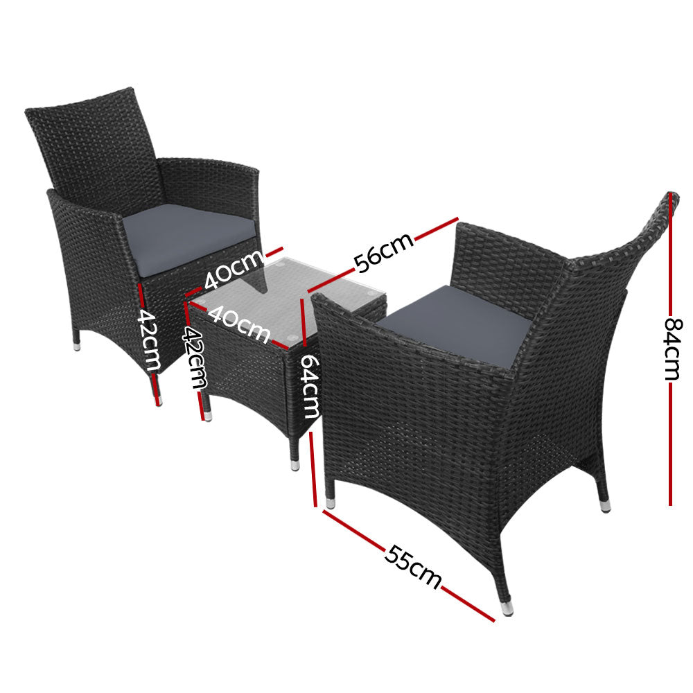 Gardeon 3PC Outdoor Bistro Set Patio Furniture Wicker Setting Chairs Table Cushion Black-1