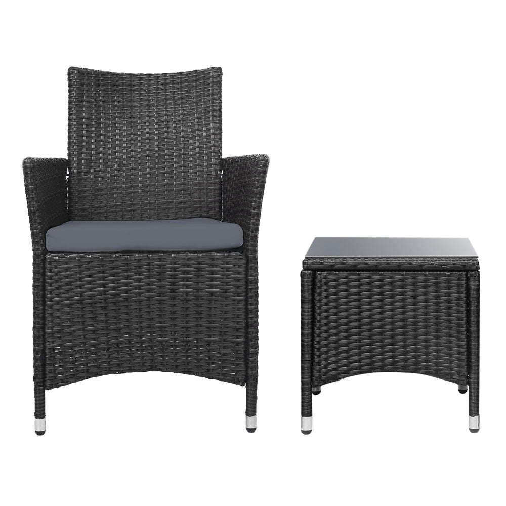 Gardeon 3PC Outdoor Bistro Set Patio Furniture Wicker Setting Chairs Table Cushion Black-2