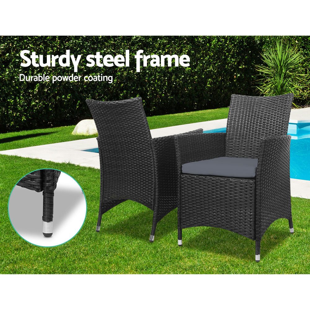 Gardeon 3PC Outdoor Bistro Set Patio Furniture Wicker Setting Chairs Table Cushion Black-6