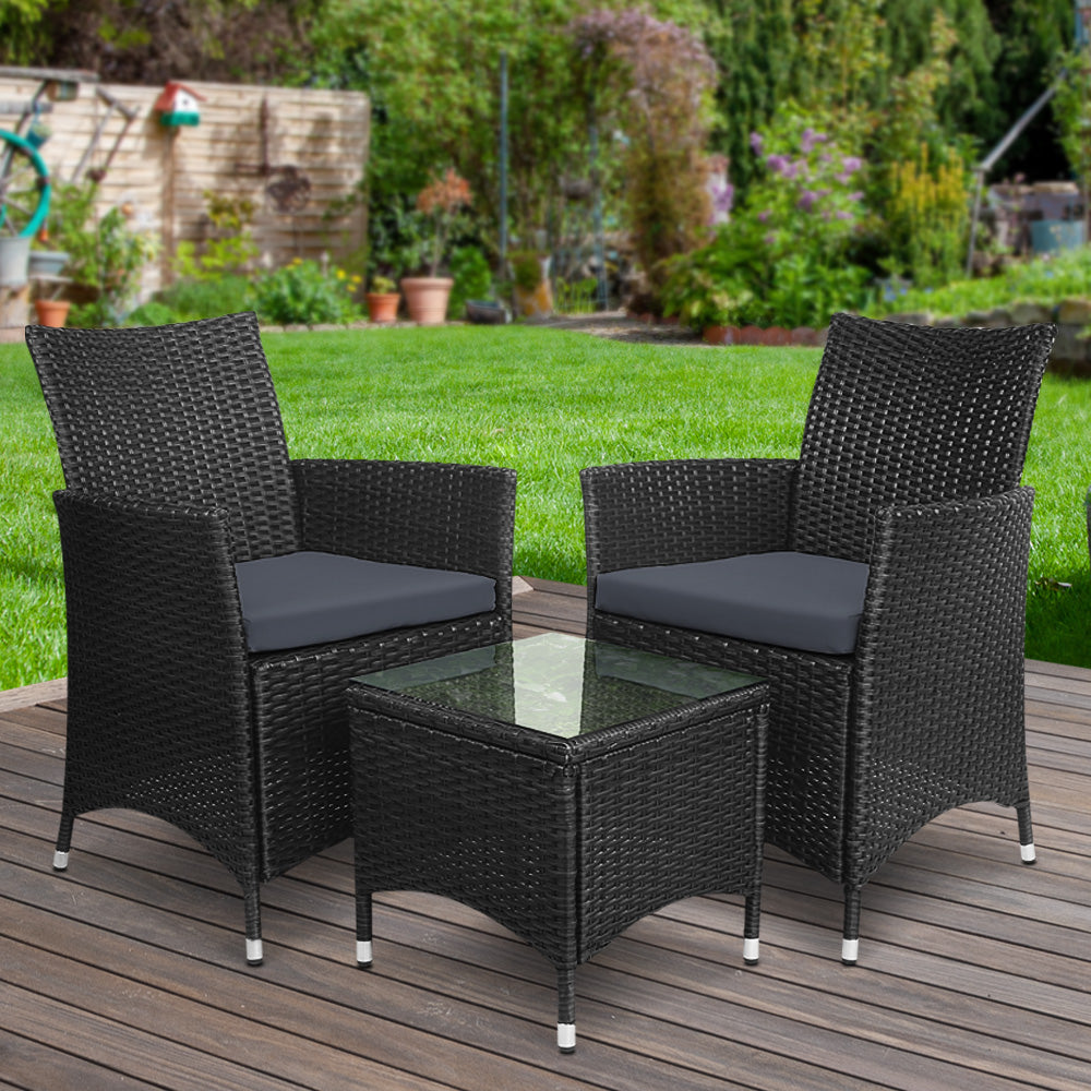 Gardeon 3PC Outdoor Bistro Set Patio Furniture Wicker Setting Chairs Table Cushion Black-7