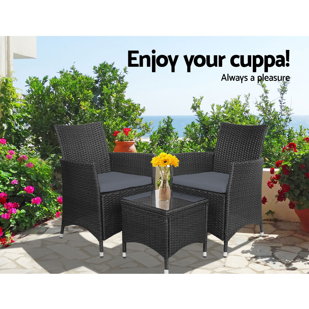 Gardeon 3PC Outdoor Bistro Set Patio Furniture Wicker Setting Chairs Table Cushion Black-9