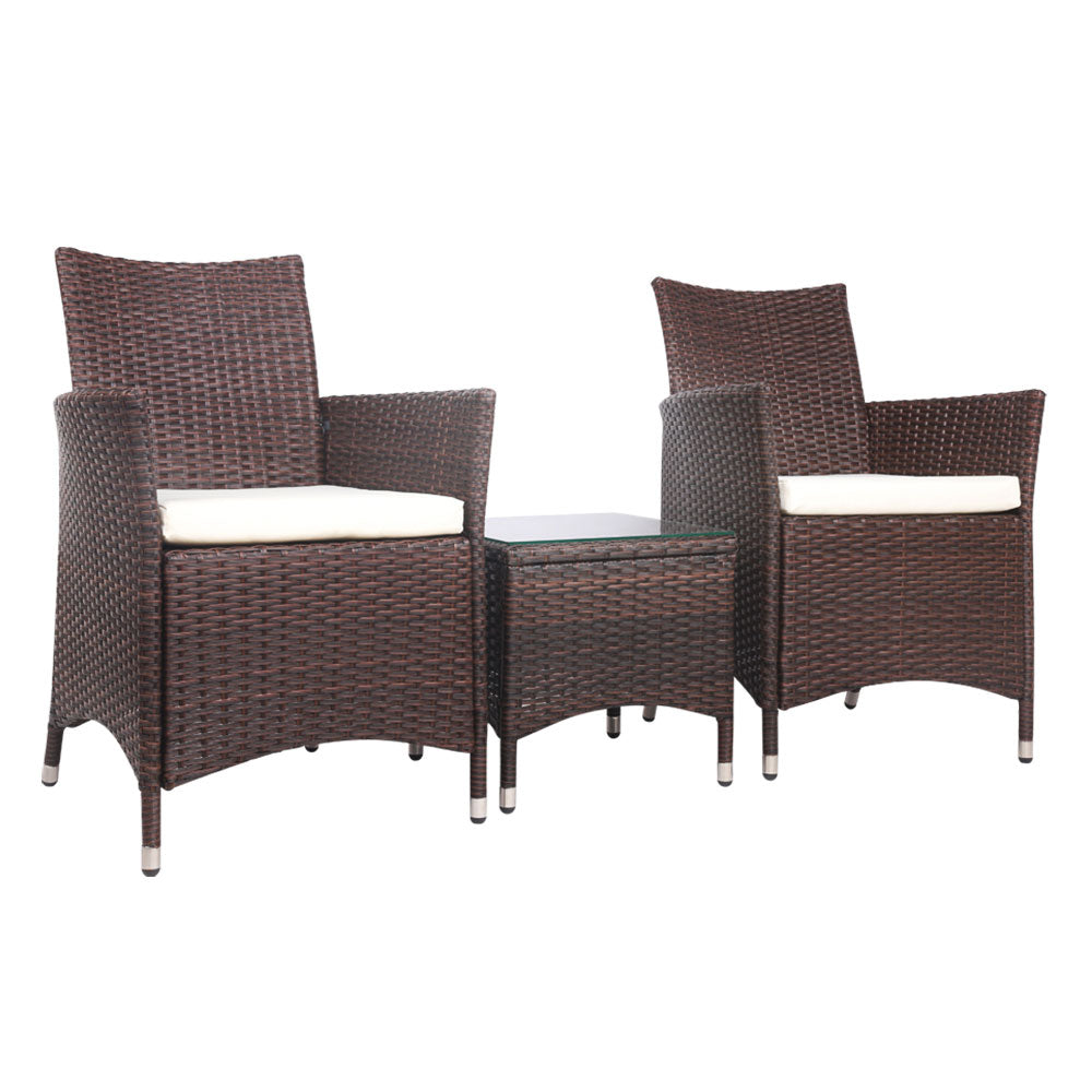 Gardeon 3PC Outdoor Bistro Set Patio Furniture Wicker Setting Chairs Table Cushion Brown-0