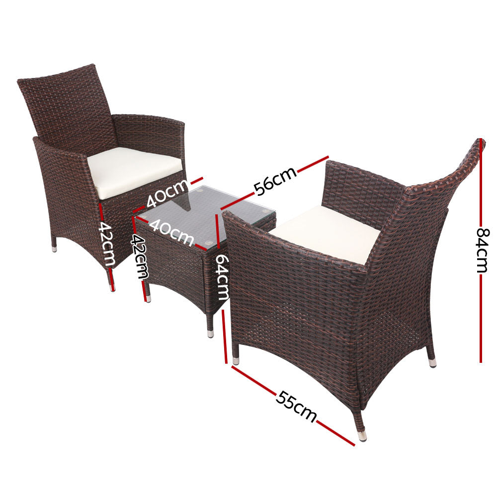 Gardeon 3PC Outdoor Bistro Set Patio Furniture Wicker Setting Chairs Table Cushion Brown-1